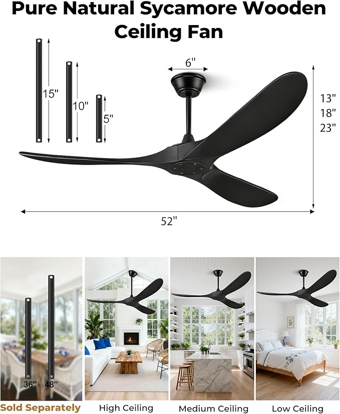 52" Ceiling Fans Without Lights, Solid Wood Ceiling Fan with Remote Control and DC Motor, Ceiling Fan no Light with 3 Blades, Indoor Outdoor Ceiling Fans for Patios, Bedroom- Matte Black