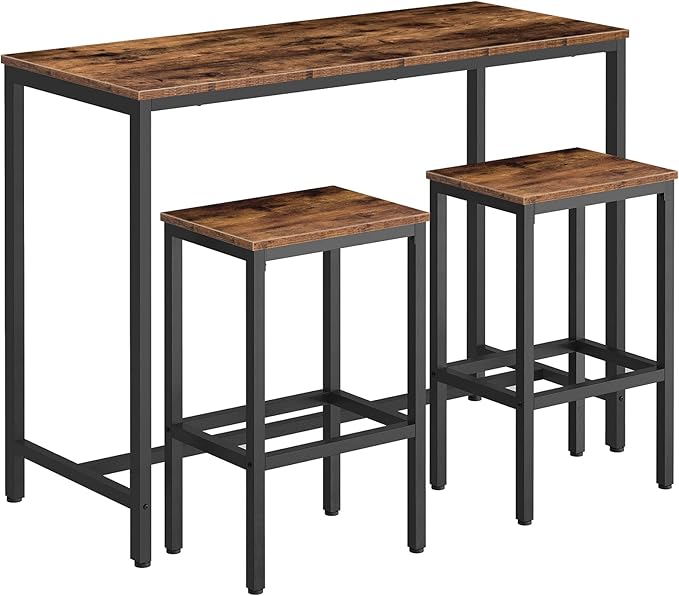 HOOBRO Bar Table and Chairs Set, 47.2” Rectangular Pub Table with 2 Stools for Small Space, High Top Table, 3-Piece Breakfast stools Set, Sturdy Metal Frame, Easy to Assemble, Rustic Brown BF52BT01