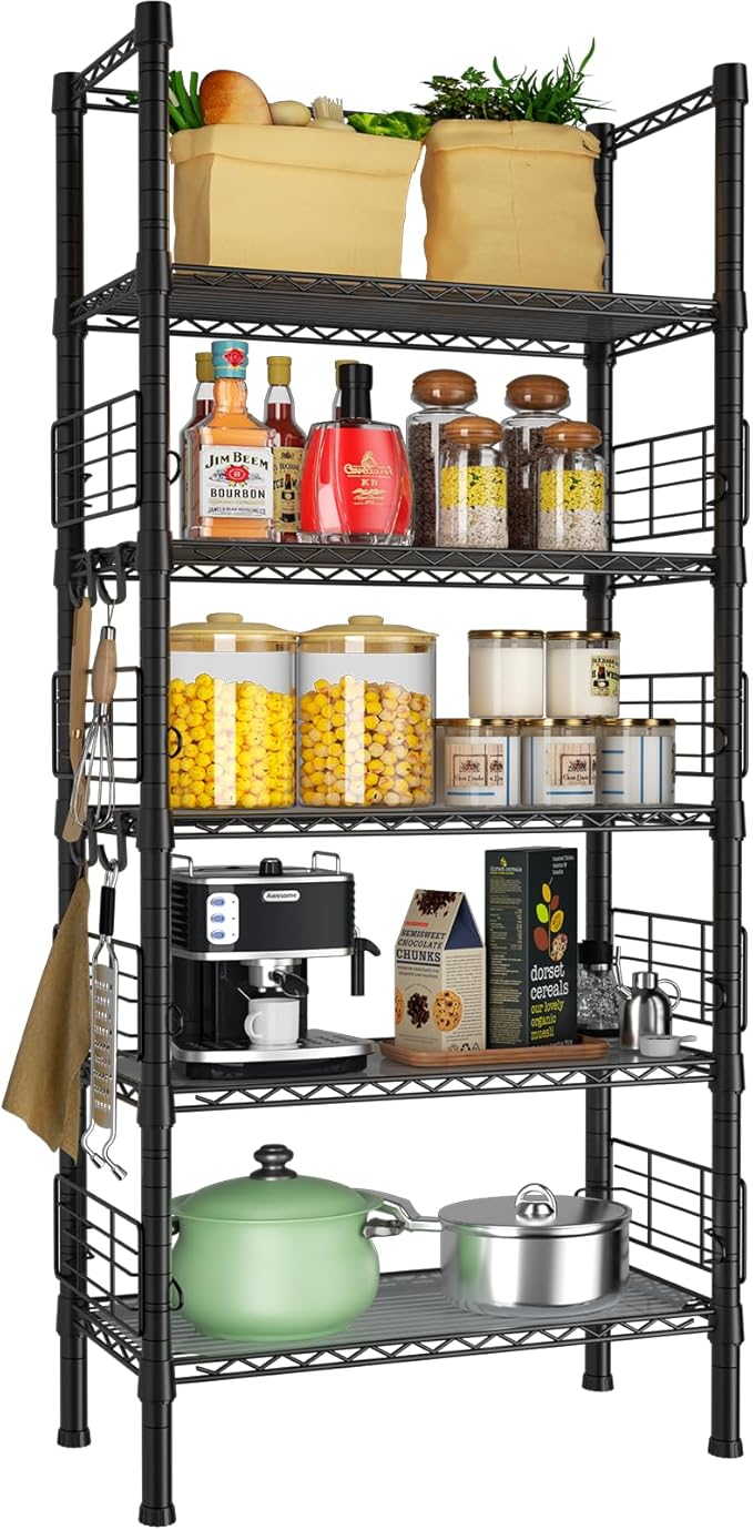 Metal Storage Rack, Storage Organizer Shelves for Kitchen, Bathroom, Living Room, Balcony and Garage, 5 Tiers Narrow Bookshelf, 21.2" W x 9.4" D x 59.2" H, Load 400lbs, Black