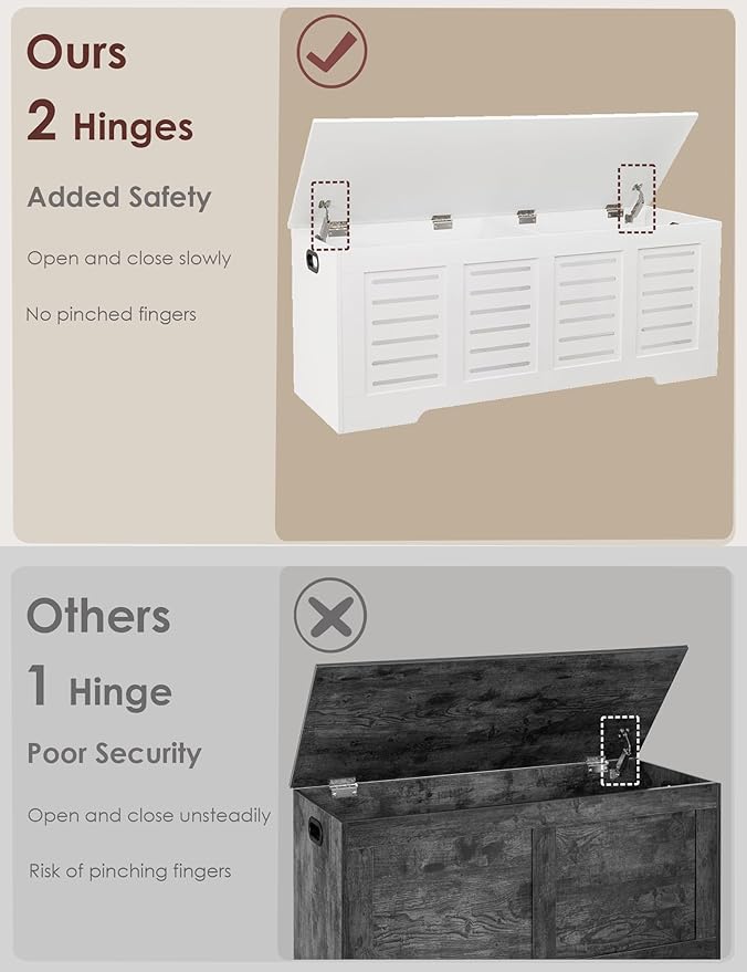 DINZI LVJ Storage Chest, 47.3” Wooden Toy Box with 2 Safety Hinges, Retro Entryway Shoe Storage Bench with Flip-Top, Sturdy Large Storage Trunk for Living Room, Bedroom, Easy Assembly, White