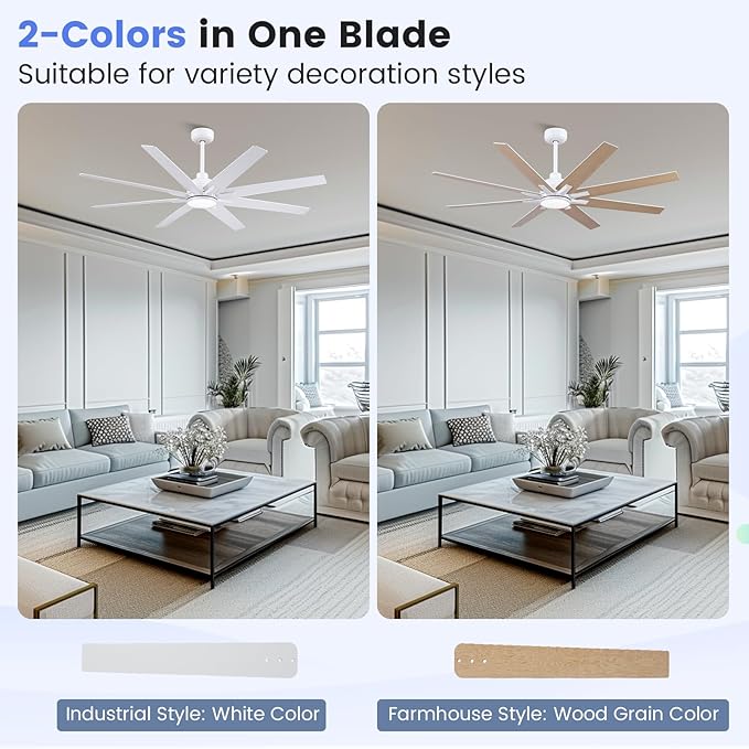 Newday 62 Inch White Ceiling Fan with Light and Remote, 8-Blade 8500 CFM High Airflow DC Motor, 3 CCT Dimmable LED, Reversible White/Oak Blades, 3 Downrods (6"/12") for High Ceiling Living Room Patio