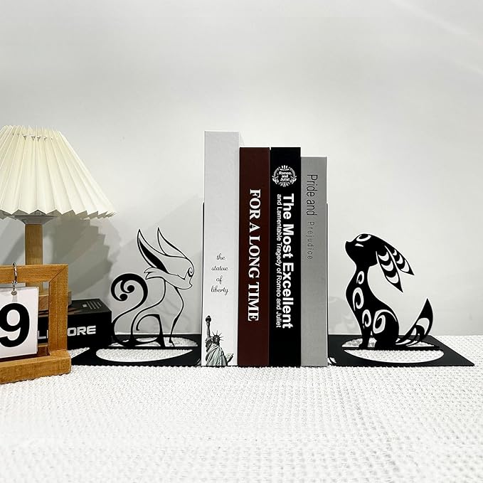 Fox Bookends, Black Foxes Metal Book Ends, Anime Bookends, Cute Book Ends for Shelves, Animal Book Stopper, Book Organizer for Desk, Home Office Book Holder
