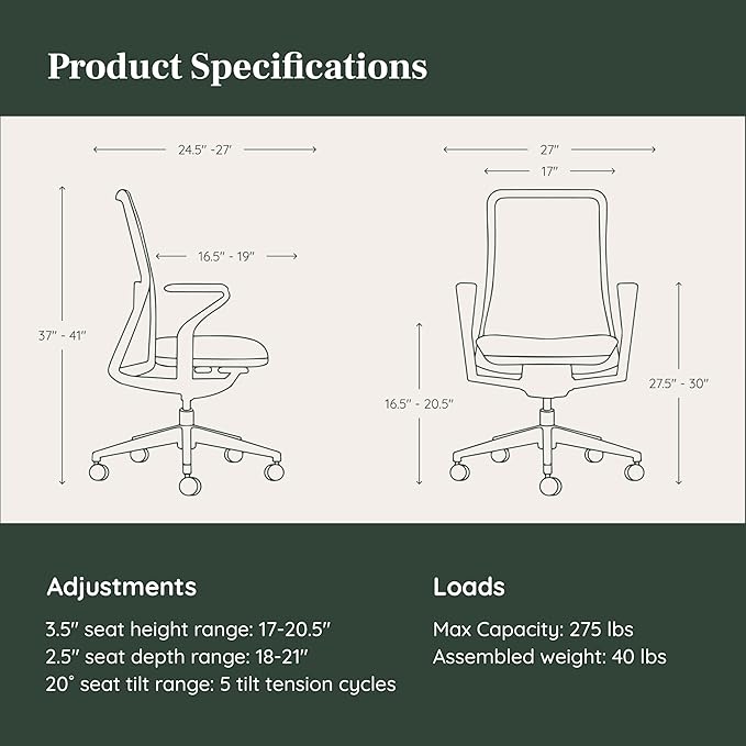 Branch Verve Chair - High Performance Executive Office Chair with Contoured Seat Back and Adjustable Lumbar Rest - High Density Foam Cushion with Aluminum Base - Up to 275 lbs - Mint