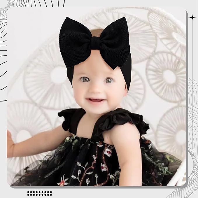 YanJie Baby Girl Bow Headbands - Black, White Nylon Hair Bows for Infants and Toddlers 0-6 Months