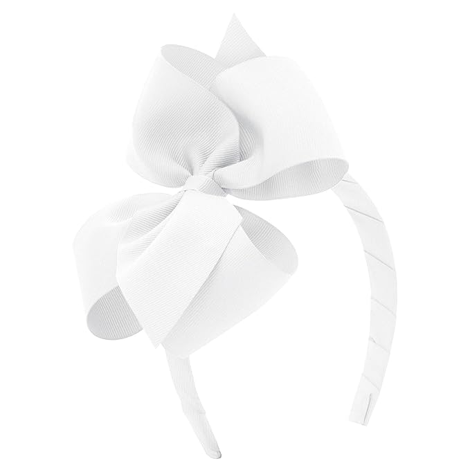 Wee Ones Girls' Classic Grosgrain Hair Bow on a Wrapped Headband, Stylish For All Hair Types, Small King Bow, White
