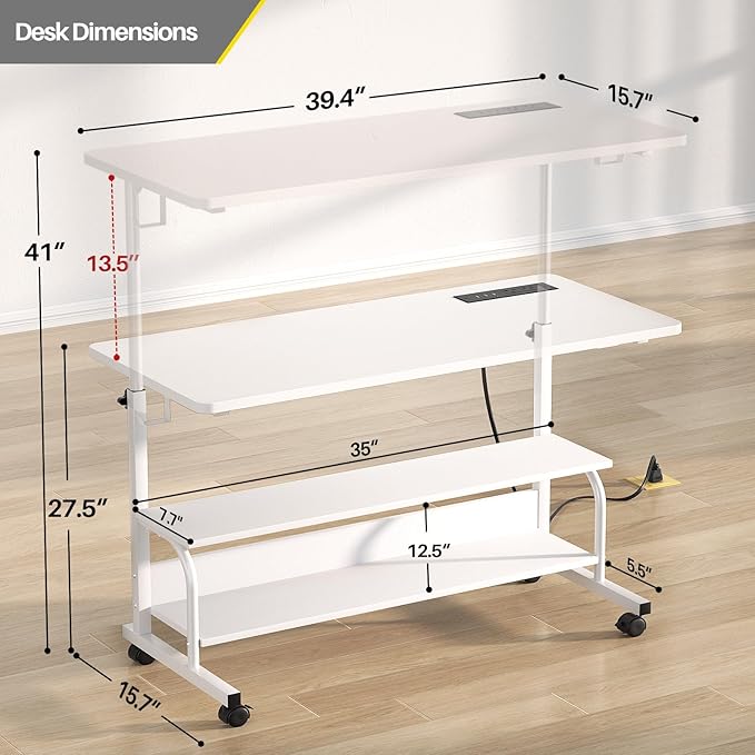 Armocity Height Adjustable Standing Desk with Power Outlets, 39" Manual Stand Up Desk with Storage Shelves Small Mobile Rolling Computer Desk Portable Laptop Table with Wheels for Home Office, White