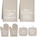 Sratte 6 Pcs Kitchen Decor Accessories Set Farmhouse Towels Pot Holders Oven Mitts Set 2 Dish Towels 2 Potholders 2 Cooking Mittens Oven Glove for Christmas Baking Cooking Supply(Beige,Kitchen)