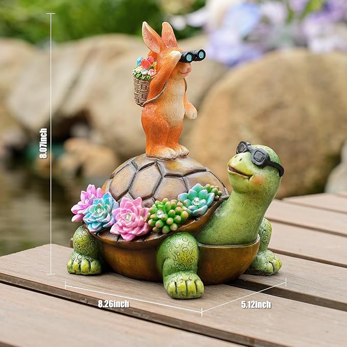 Solar Turtle Garden Statue with Bunny and LED Succulent Flowers – Outdoor Lawn Decor with Lights, Cute Animal Yard Ornament for Patio, Pathway, or Garden Gift (Turtle)
