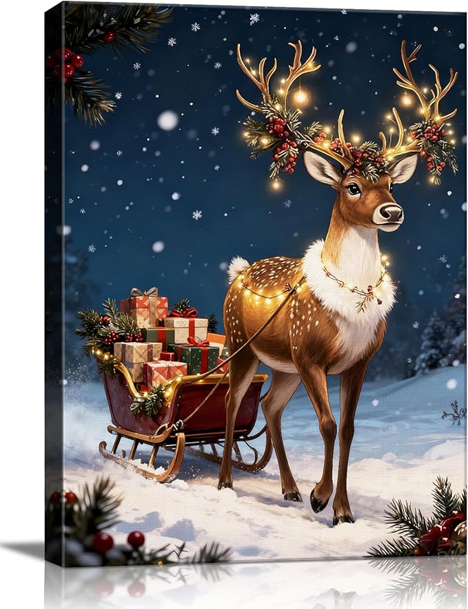 AbcCustomize Vintage Reindeer & Gift Boxes Christmas Wall Art - Snowy Holiday Scene Canvas Print with Festive Lights, Rustic Winter Decor for Room, Perfect Christmas Gifts & Holiday Decorations