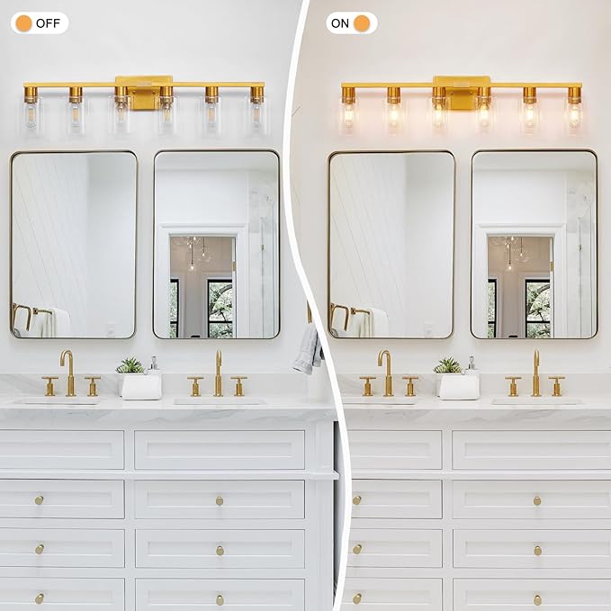 6 Light Bathroom Light Fixtures, Large Gold Bathroom Vanity Light with Clear Glass Shade, Brushed Brass Gold Bathroom Lighting Fixtures Over Mirror, Modern Wall Scones for Bedroom Living Room