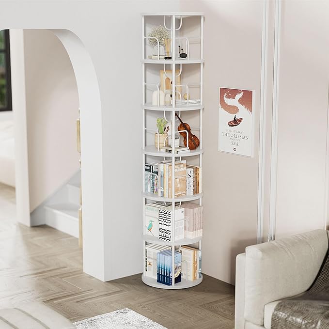 6 Tier Rotating Bookshelf, 360 ° Display Stackable Spinning Bookshelf Tower, Corner Bookshelf Tall Floor Standing Swivel Bookcase Narrow Storage Organizer for Bedroom, Living Room, White