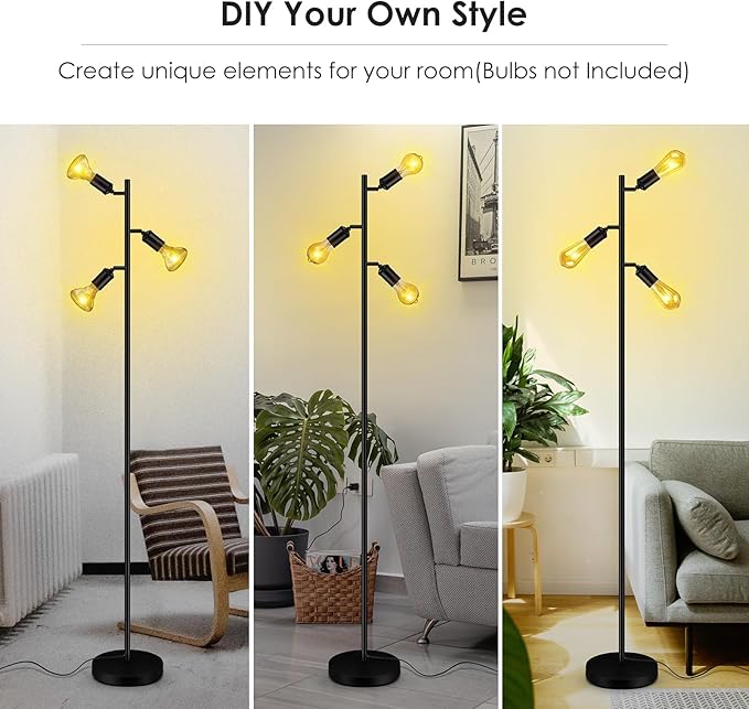 BoostArea Floor Lamp, Industrial Floor Lamp, Modern Tree Standing Lamp with Adjustable 3 Light, E26 Socket, Foot Switch, Minimalist Metal Stand Up Lamp Pole Lamps for Living Room, Bedroom (No Bulbs)