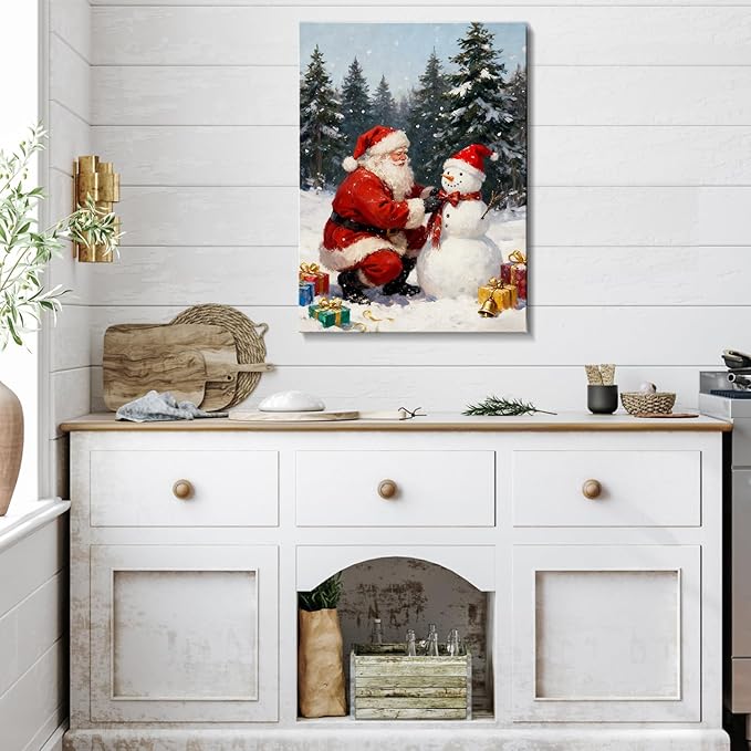 Vintage Santa Claus with Snowman Christmas Canvas Wall Art - Rustic Winter Scene Framed Print for Livingroom & Bedroom, Cozy Farmhouse Christmas Wall Art, Unique Christmas Gifts & Festive Decorations