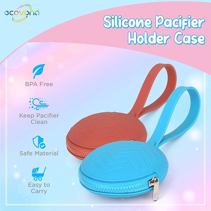 Ecovana - Silicone Baby Pacifier Holder Case | Dishwasher Safe with Durable Button Closure Diaper Bag Strap | Soft Pocket Cover for Pacifiers & Binky | Keep Pacifiers Clean and Always in Reach