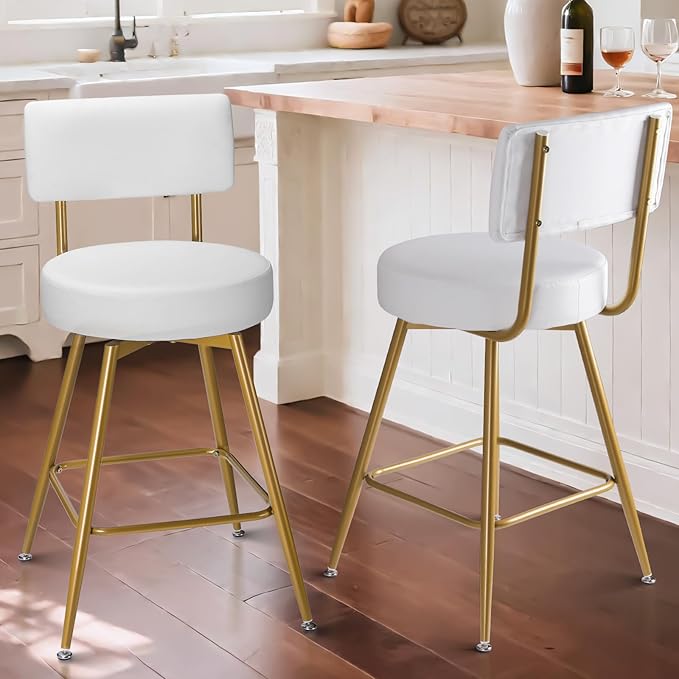 Gold White Bar Stools Set of 2, Modern Counter Height Bar Stools, 25" Upholstered Swivel Round Barstools with Back Bar Chair Island Stool for Kitchen Counter, White Gold