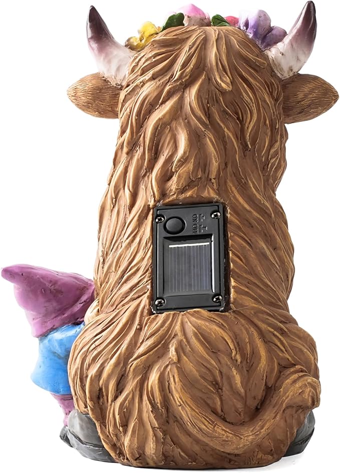 TOLIMI Garden Lantern Statues Resin Highland Cow with Gnome Outdoor Solar Light Decor Funny Decorations for Yard and Patio Gifts