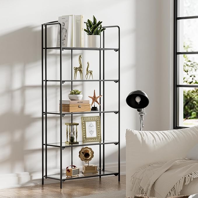 Crofy No Assembly Folding Bookshelf for Living Room, 5 Tier Black Collapsible Book Shelf for Home Office, Portable Bookcase Storage Organizer