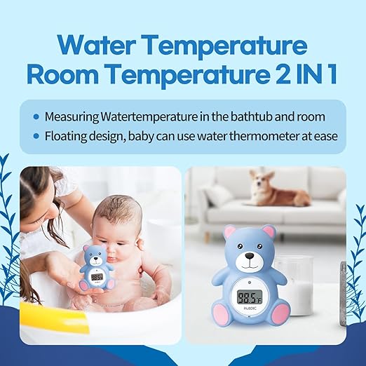HubiBaby Baby Bath Thermometer & Digital Room Temperature, 2in1 Kids Bathroom Safety Products with Temperature Warning, Floating Teddy Bear (Blue)