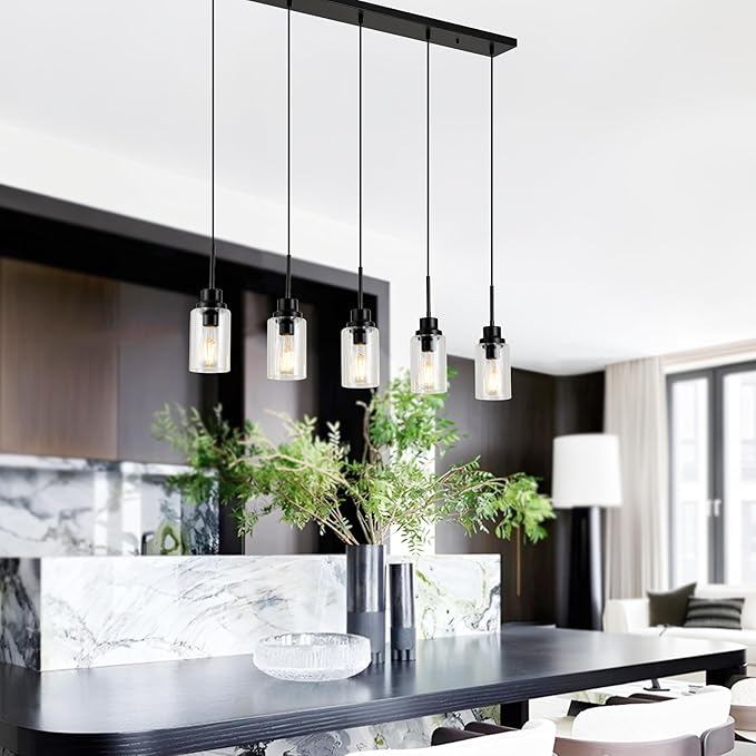 Black Dimmable Pendant Lighting for Kitchen Island, 5-Light Modern Pendant Lights for Kitchen Restaurant Living Room with Clear Glass Shade