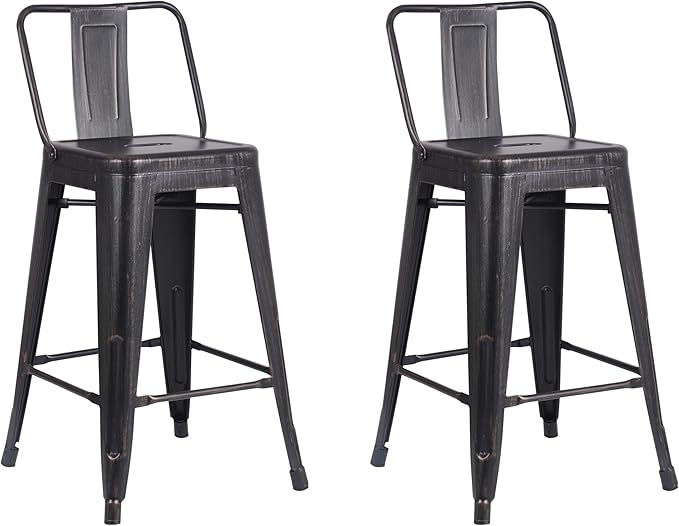 AC Pacific 24” Metal Barstool Set of 2 – Country Rustic Style with Low Back, Lightweight & Sturdy Build, Easy Assembly – Sanded Matte Midnight/Brushed Rusty Gold
