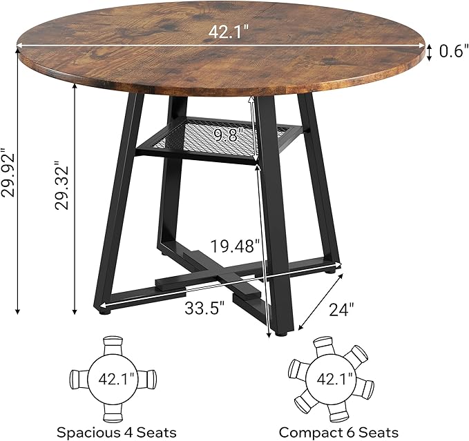 Round Dining Table for 2-4 People,42 Inch Dining Room Table,Modern Circle Kitchen Table with Storage Shelf and Metal Legs for Dining Room,Kitchen,Vintage(Table Only)