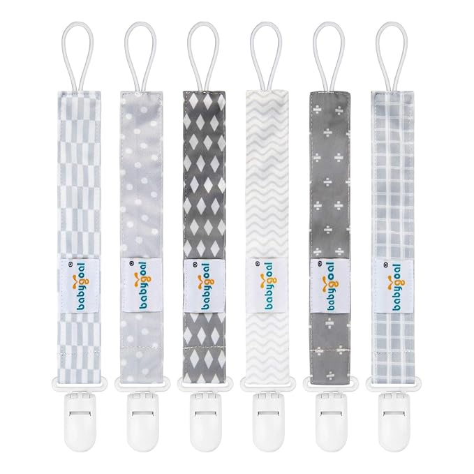 babygoal Neutral Grey Pacifier Clips, 6 Pack Binky Paci Holder Clip Leashes Fits for Most Baby Pacifiers and Binkies