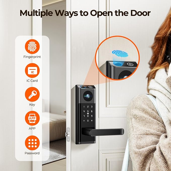 Video Smart Lock with Camera & Doorbell, 5-in-1 Keyless Entry Door Lock with Handle, Fingerprint+Keypad Code+App Remote Control+IC Card, Auto Lock, Wi-Fi Smart Deadbolt for Front Door, Apartment