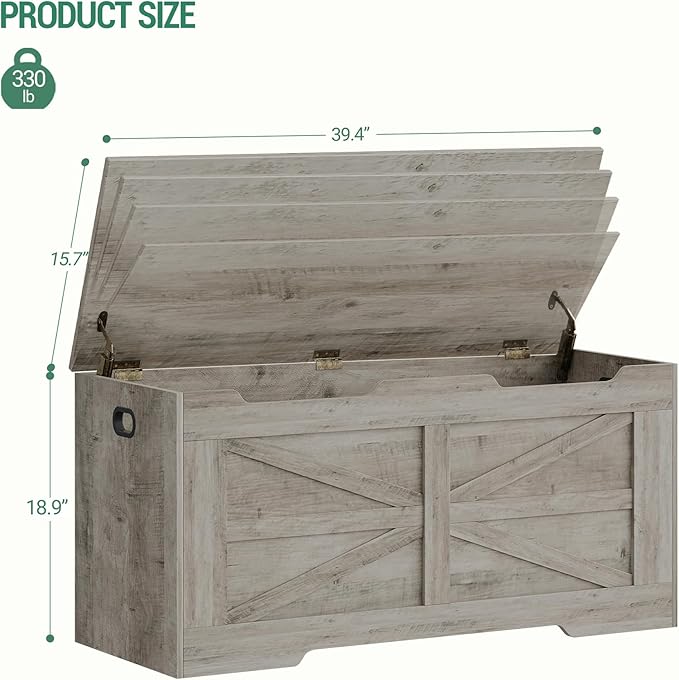 39.4" Storage Chest, Extra Large Storage Trunk with 2 Safety Hinges, Wooden Box Bench, Lift-Top Organizer Chest, Shoe Bench for Entryway, Bedroom, Living Room, Greige SB03405X