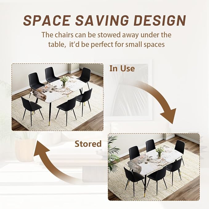 7 Piece Modern Dining Set, 62'' Sintered Stone Dinner Table for 6, 6 Chairs, Easy to Assemble