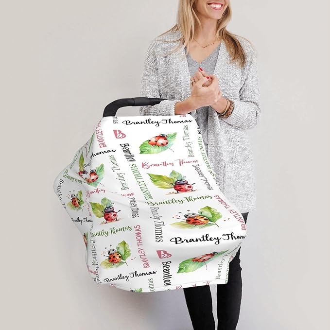 Personalized Baby Car Seat Cover with Name Stroller Canopy Custom Ladybug Carseat Cover Newborn Baby Boy Girl Nursing Cover for Moms First Birthday Gift