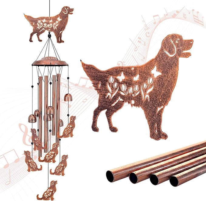 Golden Retriever Dog Wind Chimes Outdoor Dog Gifts for Women Mom Men Dad Unique Birthday Metal WindChimes for Outside/Indoors, Patio, Lawn, Yard, Home Decor, Outdoor Decor, Garden Decorations