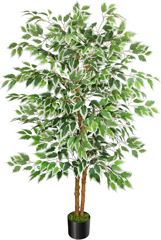 GTIDEA 5ft Ficus Tree Artificial, Tall Fake Tree with Natural Trunk Faux Trees Indoor Silk Ficus Leaves Artificial Trees for Home Decor Indoor Summer Office Living Room Outdoor (Included Dried Moss)