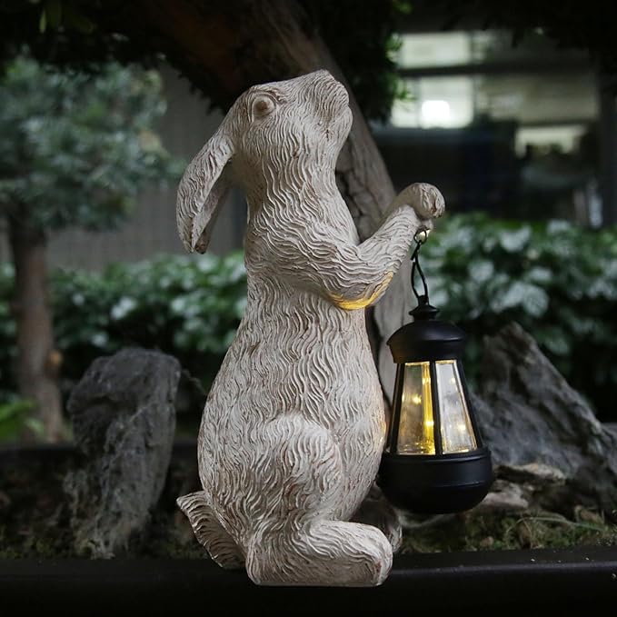 Garden Statues Rabbit with Solar Lights- Bunny Figurine Outdoor Rabbit Fall Decor for Home Lawn,Balcony-Yard Art Garden&Patio Whimsical Decor,Unique Housewarming&Birthday Gifts for Women Mom
