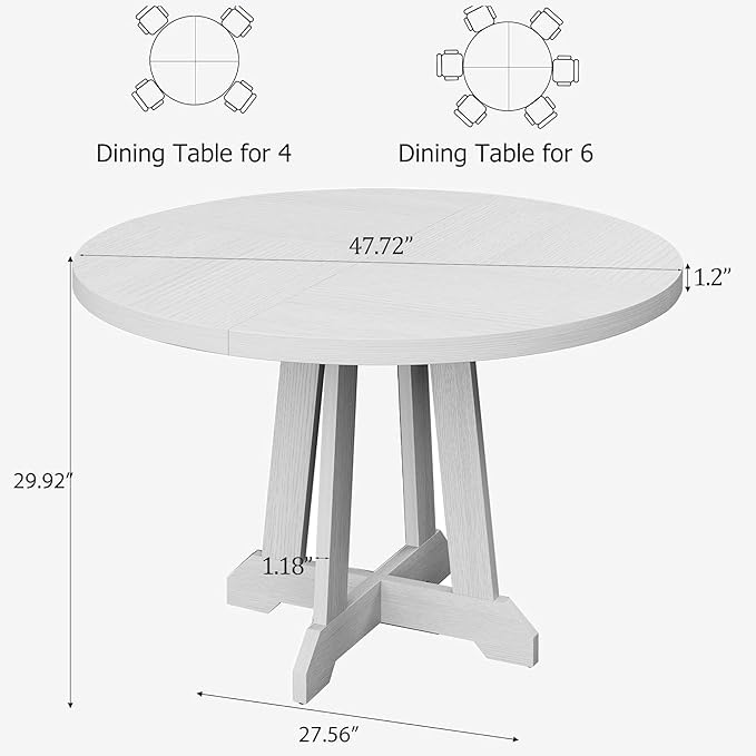 GarveeHome Round Dining Table for 4,Kitchen Dining Room Circle Dinner Pedestal Table,Space Saving Wood Kitchen & Dining Room Furniture,White 47-inch Diameter