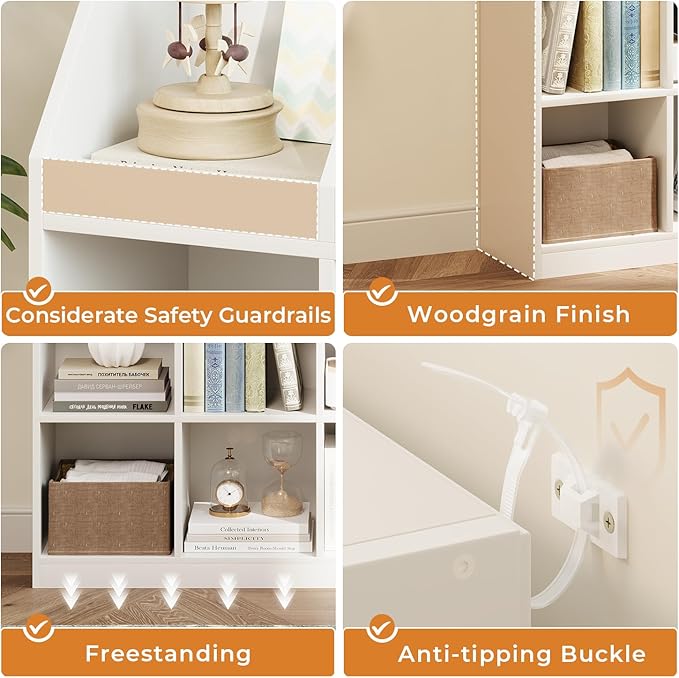 9-Cube Wooden Storage Bookcase - 11-Inch Open Shelf Cabinet, Simple Modern Bookshelf Organizer for Home Office, Living Room, White
