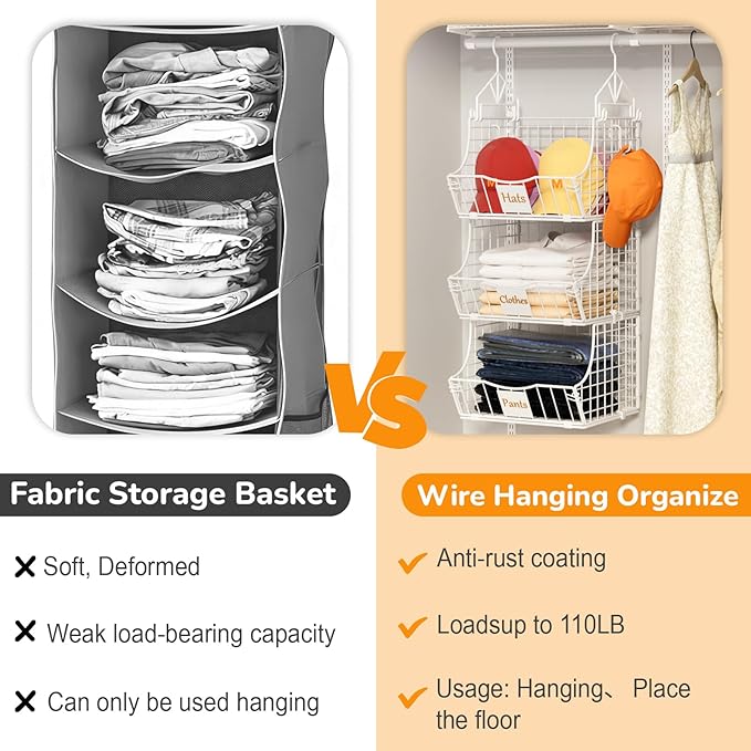Hanging Closet Organizers and Storage, 3 Tier Closet Shelf Clothes Organizer