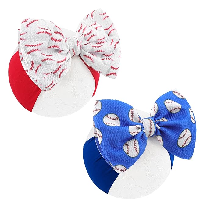 Baseball Baby Bow Headband High Stretchy Soft Nylon Headbands for Infant Girls Toddler Handmade Hairbands with Bows Baseball Hair Accessories Red Blue