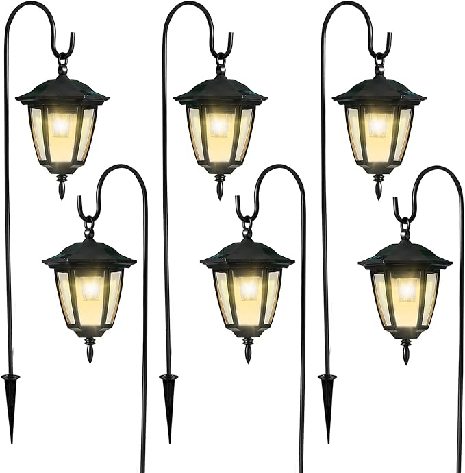 Dynaming 6 Pack Solar Hanging Lights Outdoor, Solar Powered Garden Decorative Lanterns with 6 x 38 Inch Shepherd Hooks, Waterproof Landscape Lighting for Lawn Patio Yard Pathway Driveway, Warm White