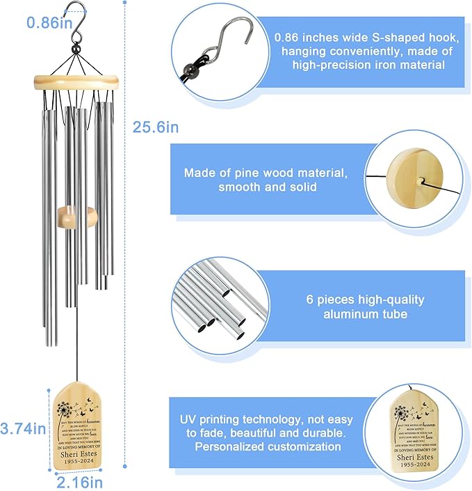 Memorial Wind Chimes - Sympathy Gift for Loss of Loved One, In Memory of a Loved One - Winds of Heaven Blow Softly