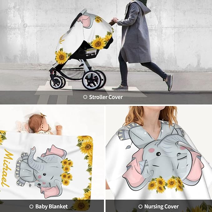 Personalized Elephant and Sunflower Baby Infant Car Seats Canopy for Babies with Name, Custom Multi-use Blankets for Baby Boys Girls, Peekaboo Minky Nursing Stroller Cover Canopies for Newborn