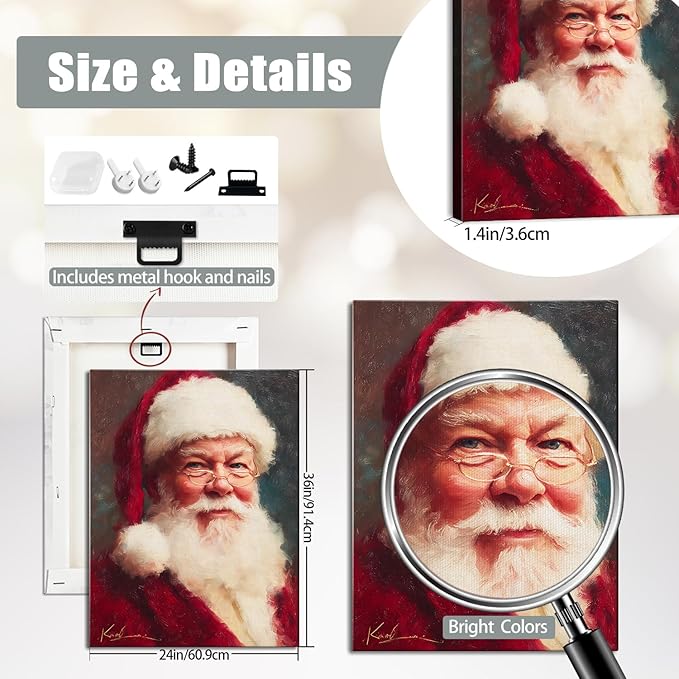 Vintage Santa Claus with Red Hat Portrait Christmas Canvas Wall Art - Victorian Style Framed Canvas Prints for Living Room & Bedroom, Classic Christmas Wall Decor, Christmas Gifts & Winter Decor