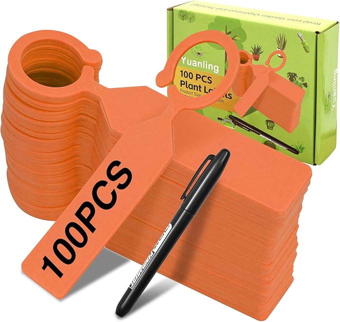 Plant Labels Yuanling 100Pcs Plastic Waterproof Plant Tree Tags Nursery Garden Markers for Indoor Outdoor Gardening Plants Vegetables Flowers Potted (Orange Color with 1 Marker Pen)