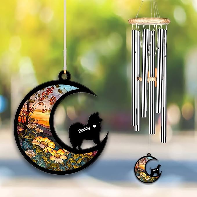 American Eskimo Sun Catcher Wind Chime, Custom Sunflower Suncatcher Dog Memorial Wind Chime, Dog Loss Gift, Dog Sympathy Gift, Pet Loss Suncatcher, Outdoor Garden Decor