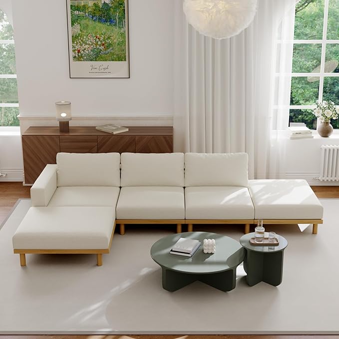 Acanva Minimalist Modular Sectional Sofa for Living Room, Wide & Deep Seat Convertible Furniture Set with Metal Frame and Movable Covers, Ottoman, Off White