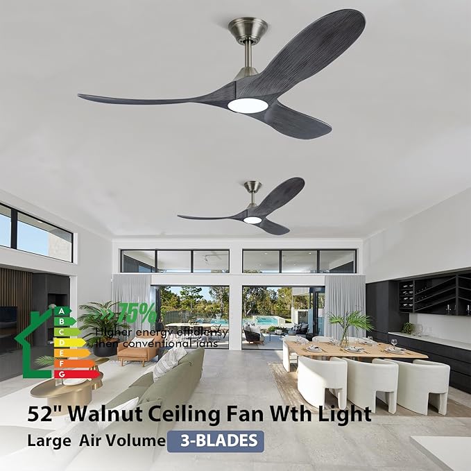 52 inch Ceiling Fans with Lights Solid Wood Outdoor Smart Ceiling Fan for Patio with Alexa/Tuya App, 3 Gray Propeller Blades, High CFM Ceiling Fan for Living Room Bedroom Gazebo, ETL Listed