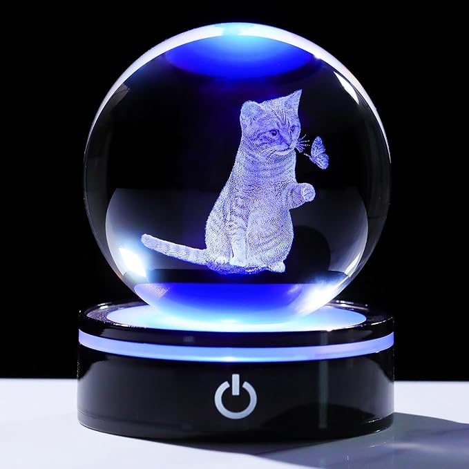 YWHL 3D Crystal Ball Cat Gifts for Women, Laser Cat and Butterfly Figurine with LED Base, Cat Ornament Glass Decorative Ball Globe Night Light (80mm)