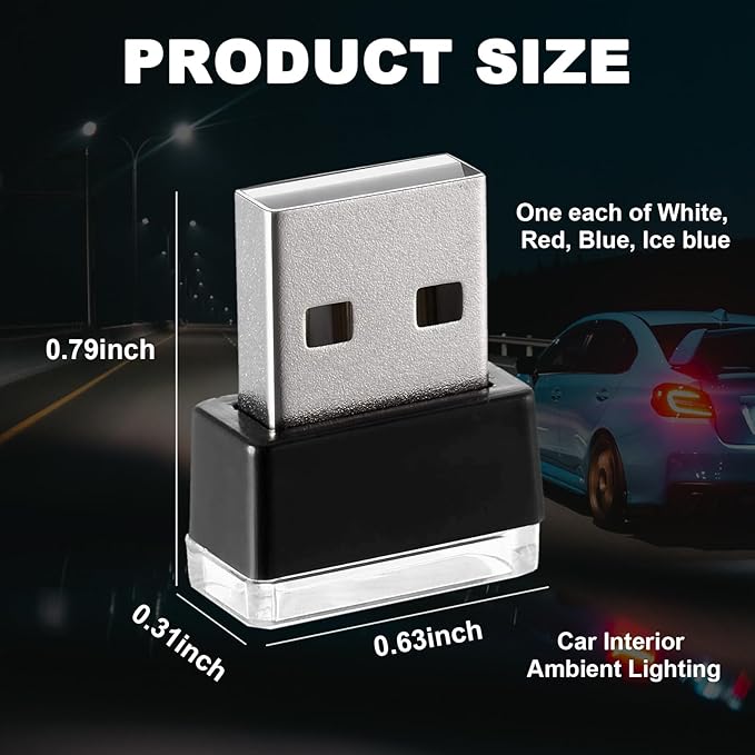 Ziciner 4 PCS USB LED Car Interior Atmosphere Lamp, Portable Mini LED Night Light, Plug-in USB Interface Trunk Ambient Lighting Kit, Car Accessories (White, Blue, Red, Ice Blue)