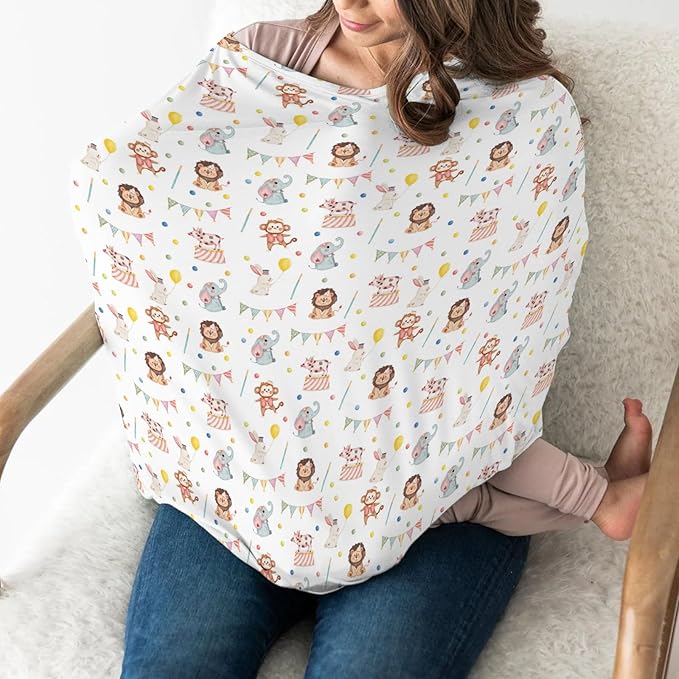 Cute Circus Animals Car Seat Cover for Babies Monkey Elephant Lion Rabbit Pig Stretchy 5-in-1 Cover Adjustable Car Canopy Breastfeeding Cover Colorful Zoo Animals Breathable Nursing Cover-Up