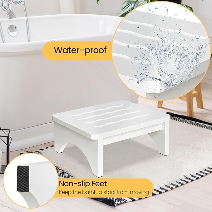 Wooden Step Stool for Adults, One Step Stool with Non-Slip Rubber, 6.9”x 15.7"" Bed Step Stool for High Beds, White Safety Foot Stool for Elderly, Kid