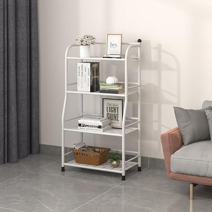 4 Tier Metal Shelf Storage Shelves Living Room Bookshelf Bathroom Corner Storage Rack for Kitchen,Indoor Plant Stand (Matte White, 4 Tier)
